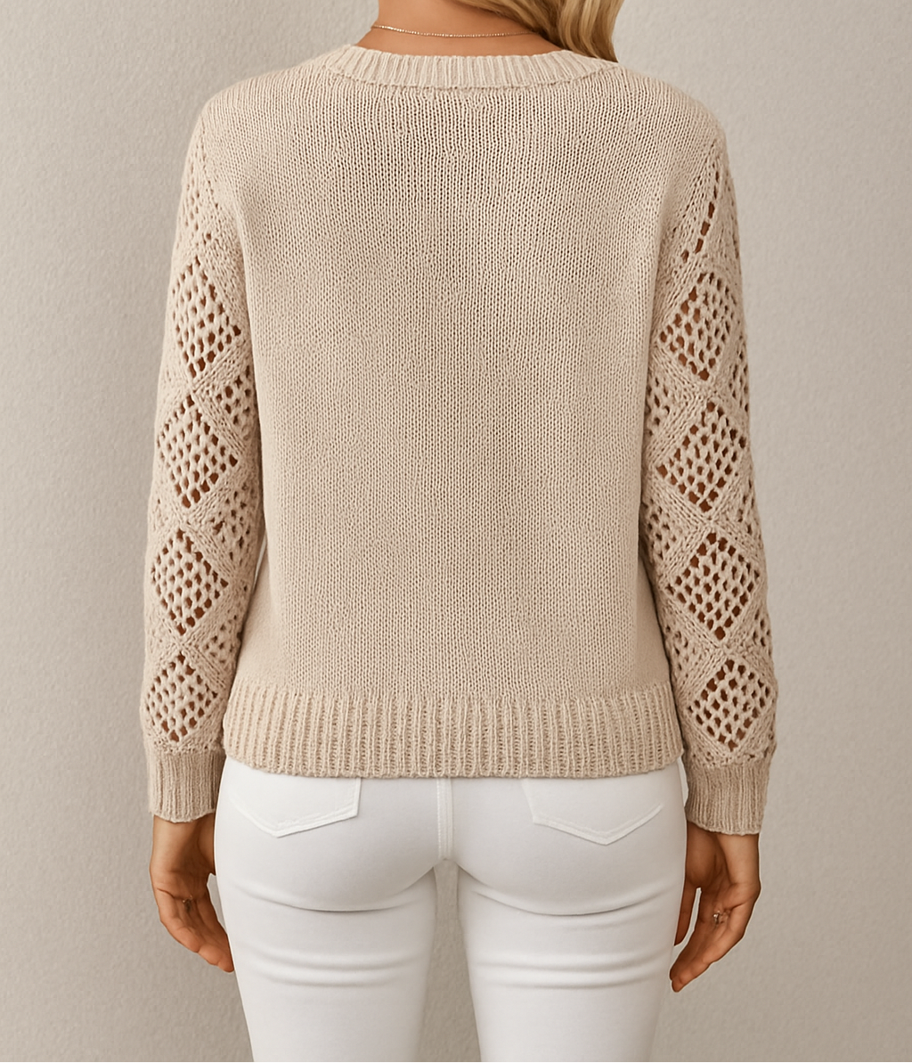 V-Neck Long Sleeve Openwork Lattice Sleeve Knit Sweater 6