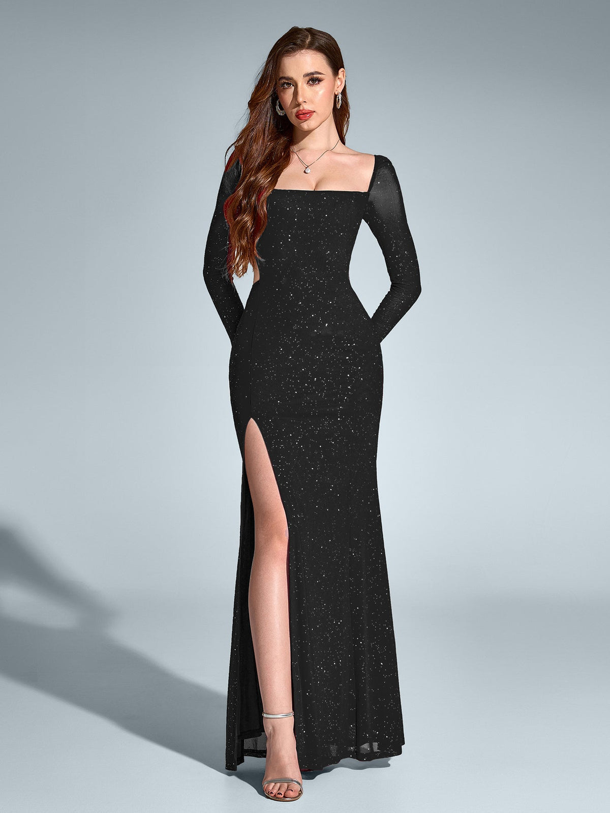 Cut Out Backless Split Thigh Mermaid Hem Glitter Dress - View 3