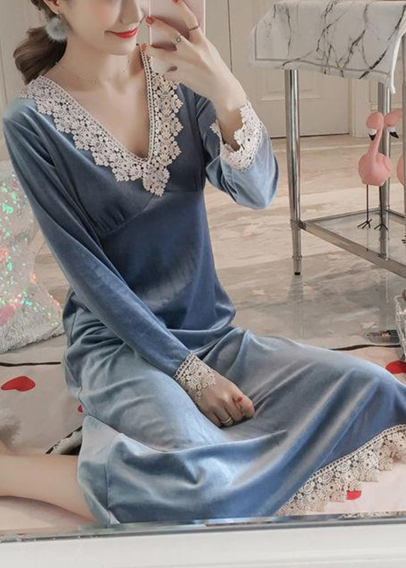 Cute Cemeo V Neck Lace Patchwork Silk Velour Dress Long Sleeve - View 2