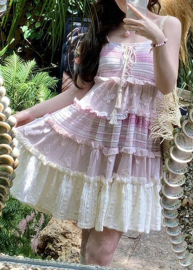 Cute Pink Lace Up Ruffled Knit Mid Dress Sleeveless - View 2