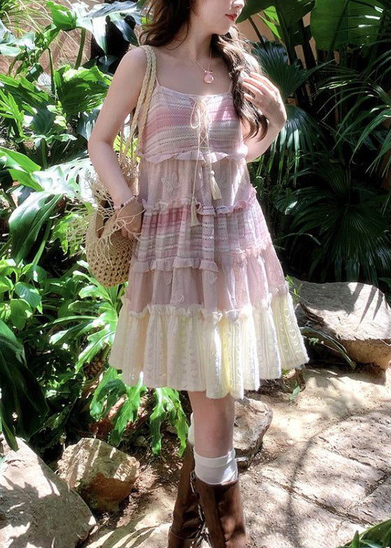 Cute Pink Lace Up Ruffled Knit Mid Dress Sleeveless - View 3