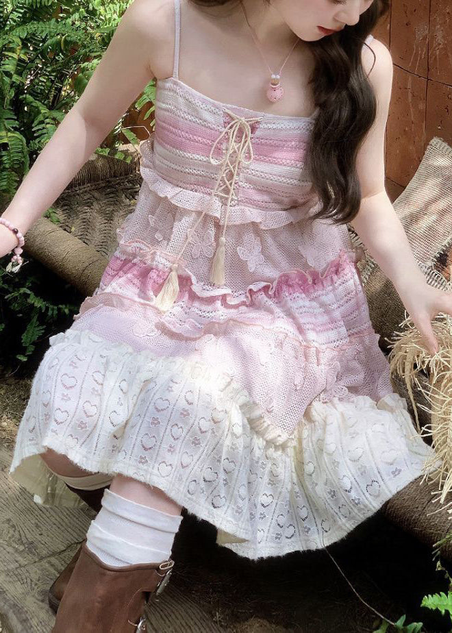 Cute Pink Lace Up Ruffled Knit Mid Dress Sleeveless - View 4