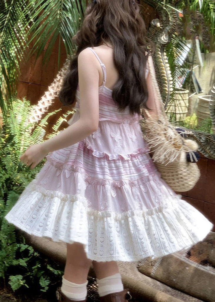 Cute Pink Lace Up Ruffled Knit Mid Dress Sleeveless - View 5