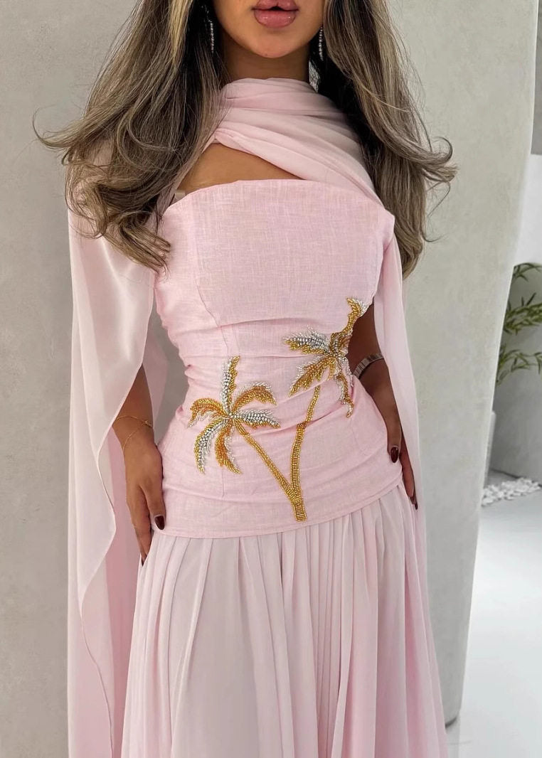 Cape Scarf Neck Palm Tree Embroidery Pleated Chiffon Maxi Gown - View 2