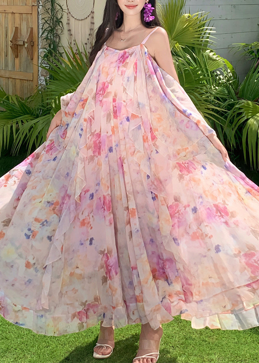 Cute Pink Print Ruffled Patchwork Chiffon Long Dress Short Sleeve - View 2