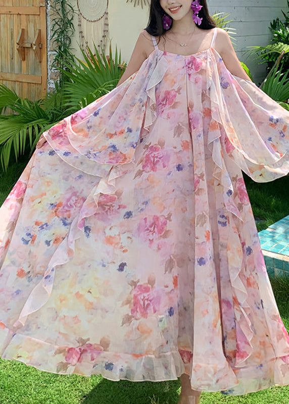 Cute Pink Print Ruffled Patchwork Chiffon Long Dress Short Sleeve - View 3