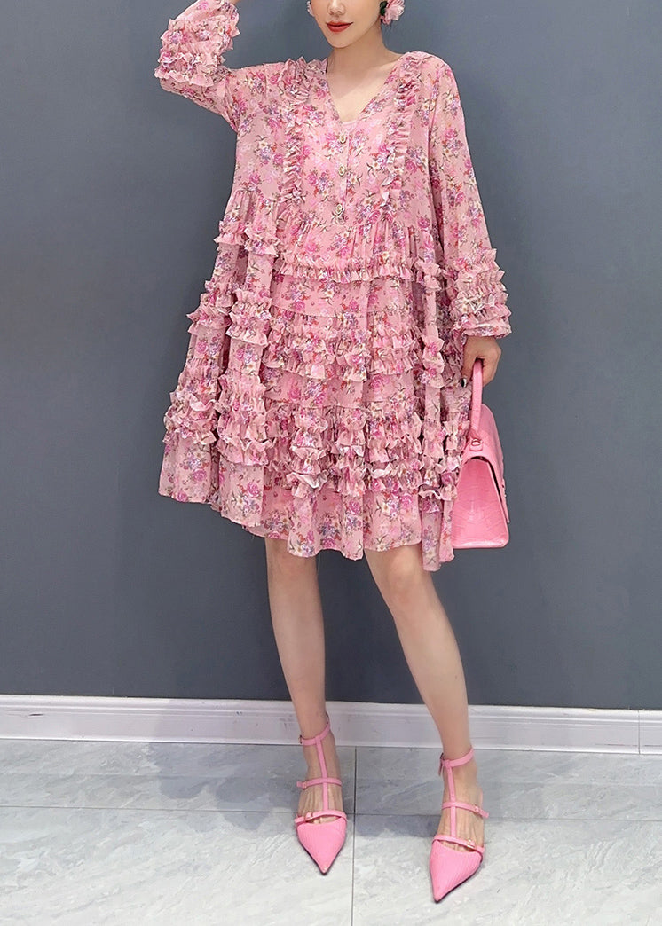 Cute Pink V Neck Ruffled Patchwork Print Chiffon Mid Dress Long Sleeve - View 3
