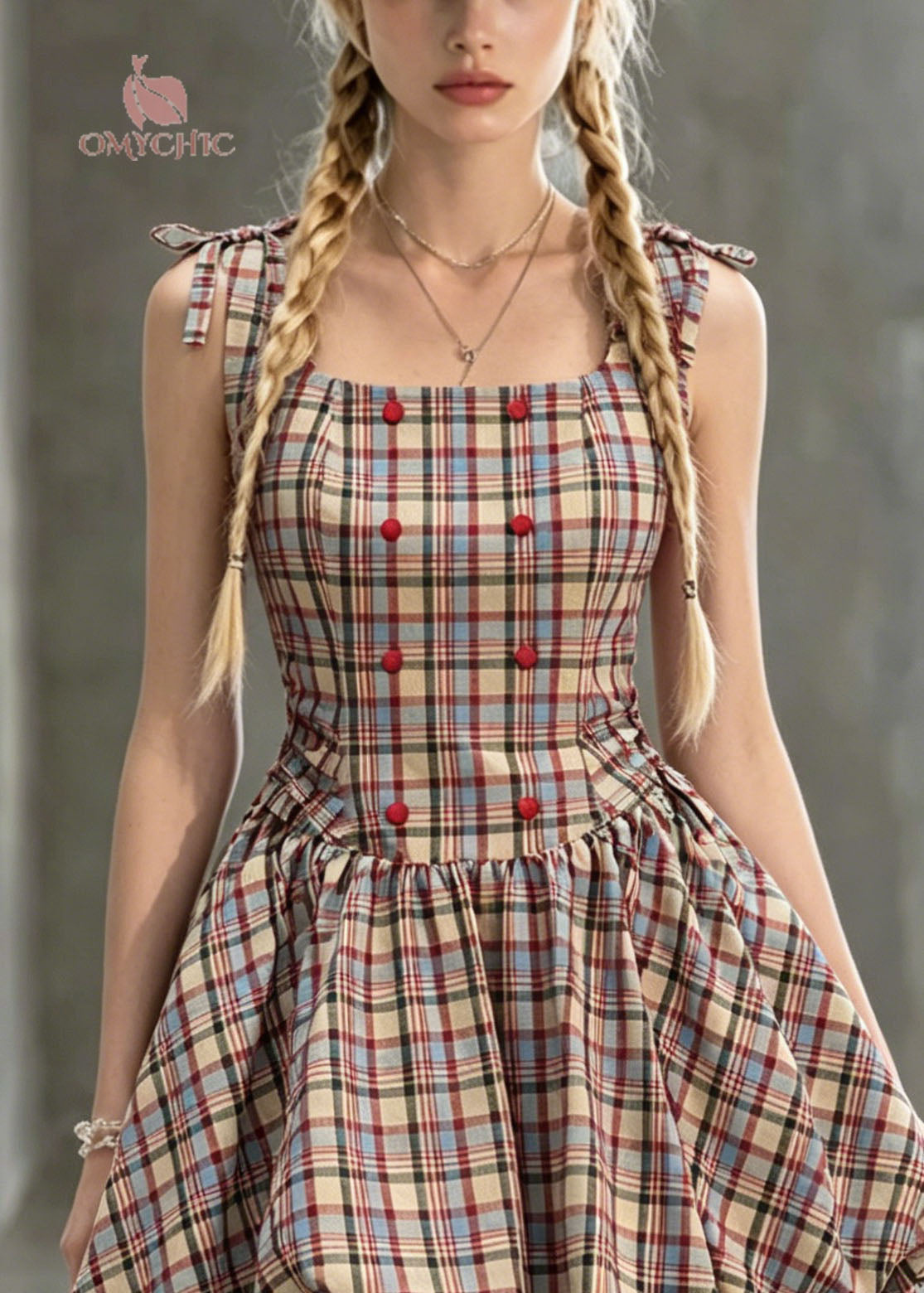 Cute Square Collar Plaid Lace Up Cotton Mini Dress Summer - View 2