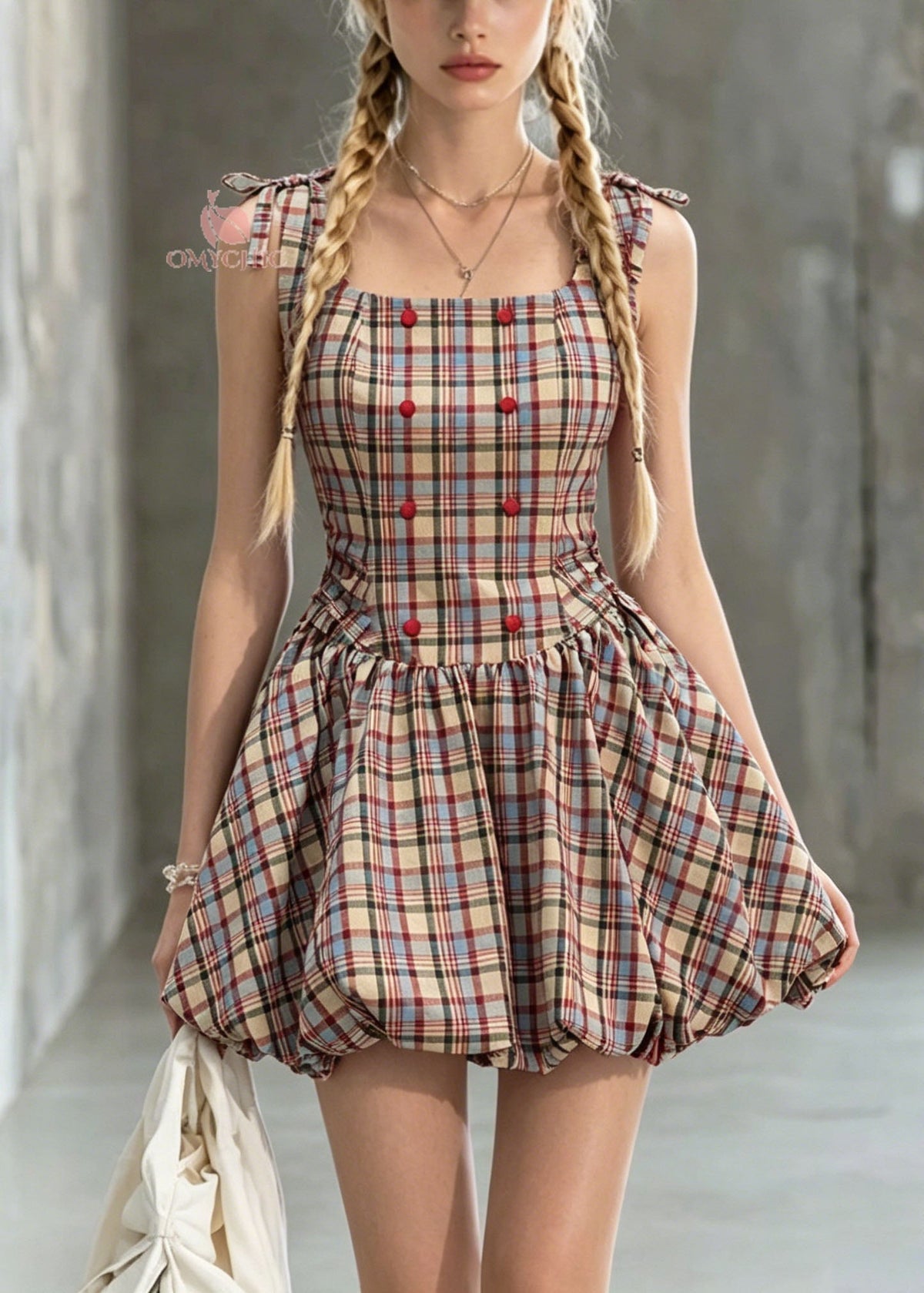 Cute Square Collar Plaid Lace Up Cotton Mini Dress Summer - View 5