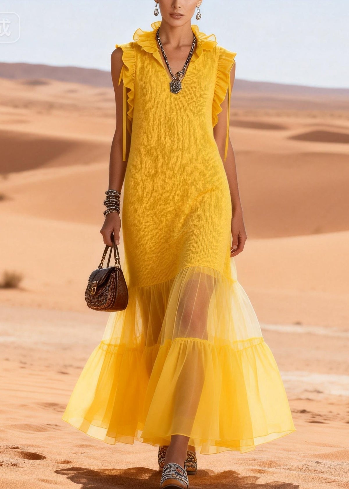 Cute Yellow V Neck Ruffled Tulle Patchwork Cotton Knit Long Dress