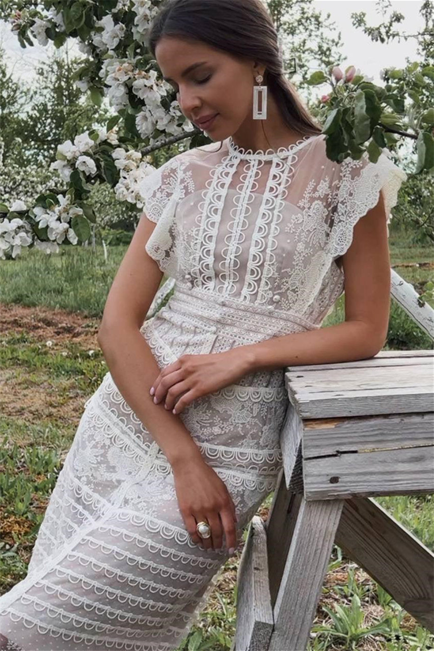 Floral Embroidered Mesh Cap Sleeve Midi Dress in Beige - View 7