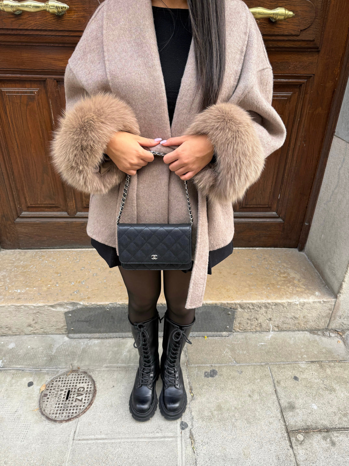 Fur Trim Cuff Open Front Wrap Cape Coat