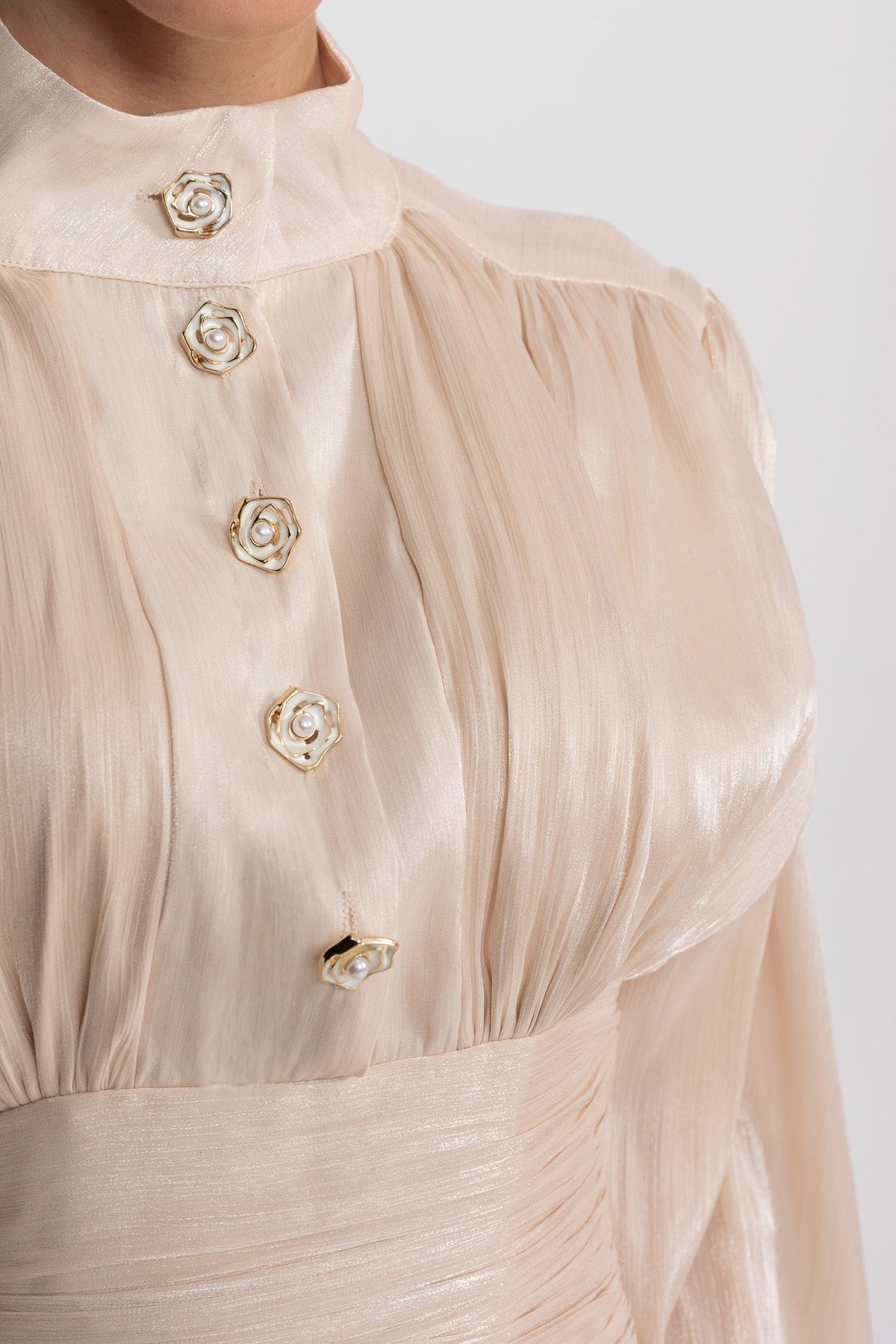 Draped Long Sleeve Mini Dress With Tiered Ruffle Skirt - Champagne - View 9