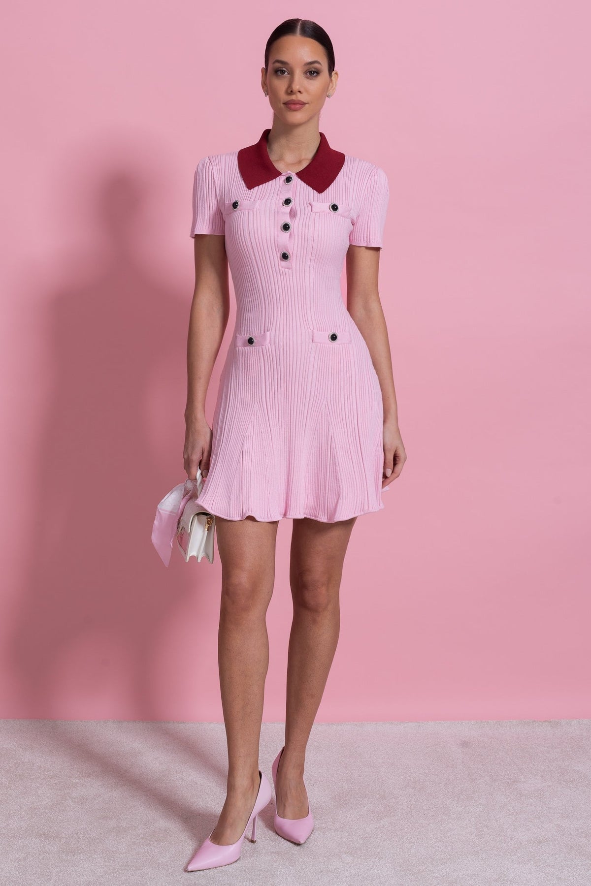 Ribbed Knit Contrast Collar Short Sleeve Button Front Mini Dress - View 6