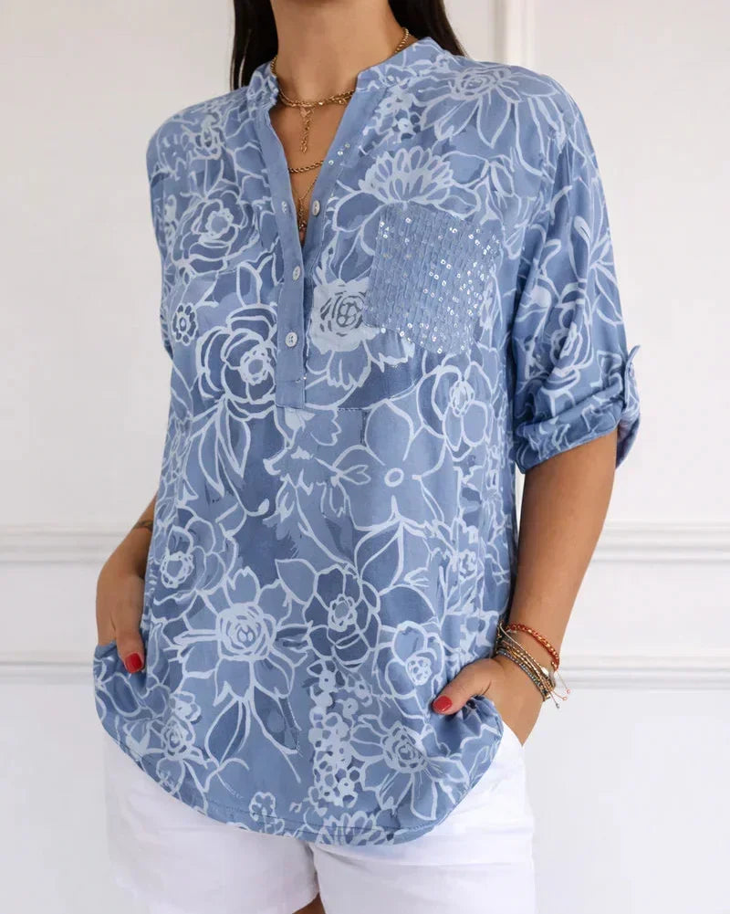 Floral Print Sequin Pocket Half Sleeve Blouse 4