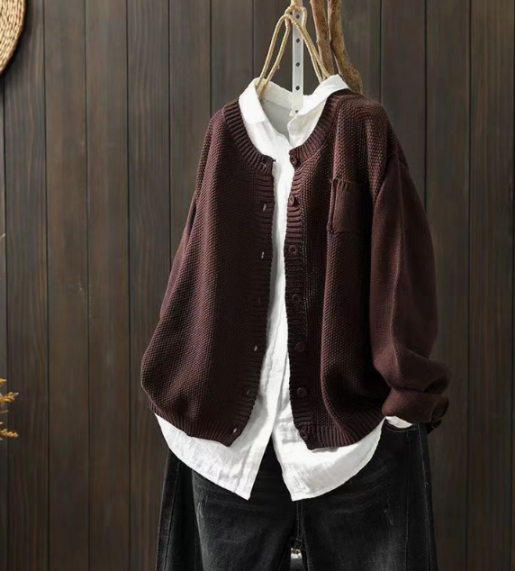 Button Front Patch Pocket Drop Shoulder Knit Cardigan 2