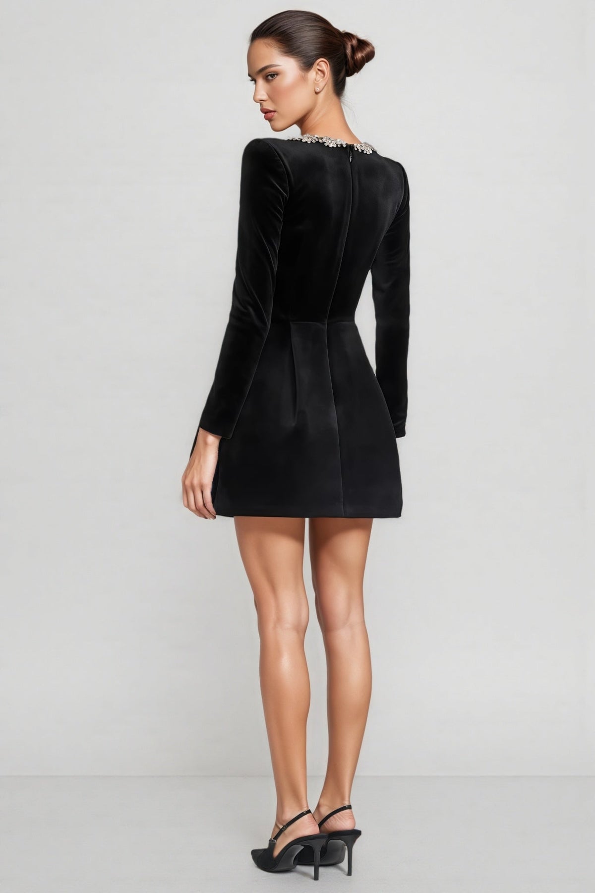 Velvet Square Neck Rhinestone Embellished A-Line Mini Dress - View 4