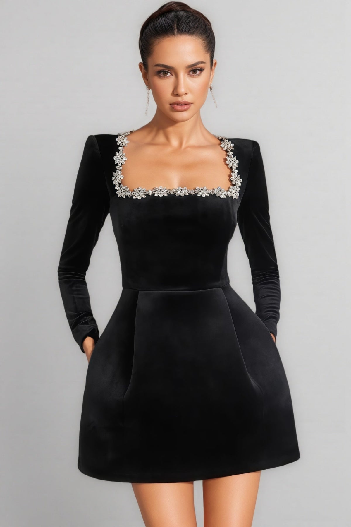 Velvet Square Neck Rhinestone Embellished A-Line Mini Dress
