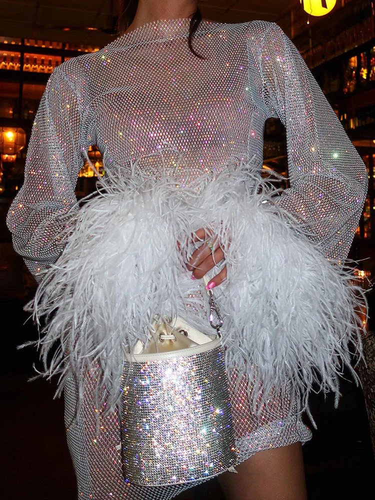 Brienne Metallic Sheer Cuff Feather Mini Dress - View 2