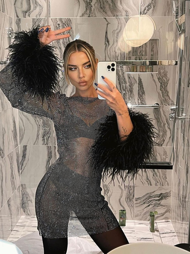 Brienne Metallic Sheer Cuff Feather Mini Dress - View 3