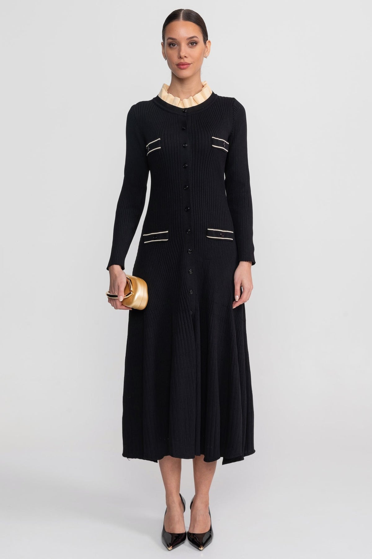 Long Sleeve Midi Dress - Black - View 3