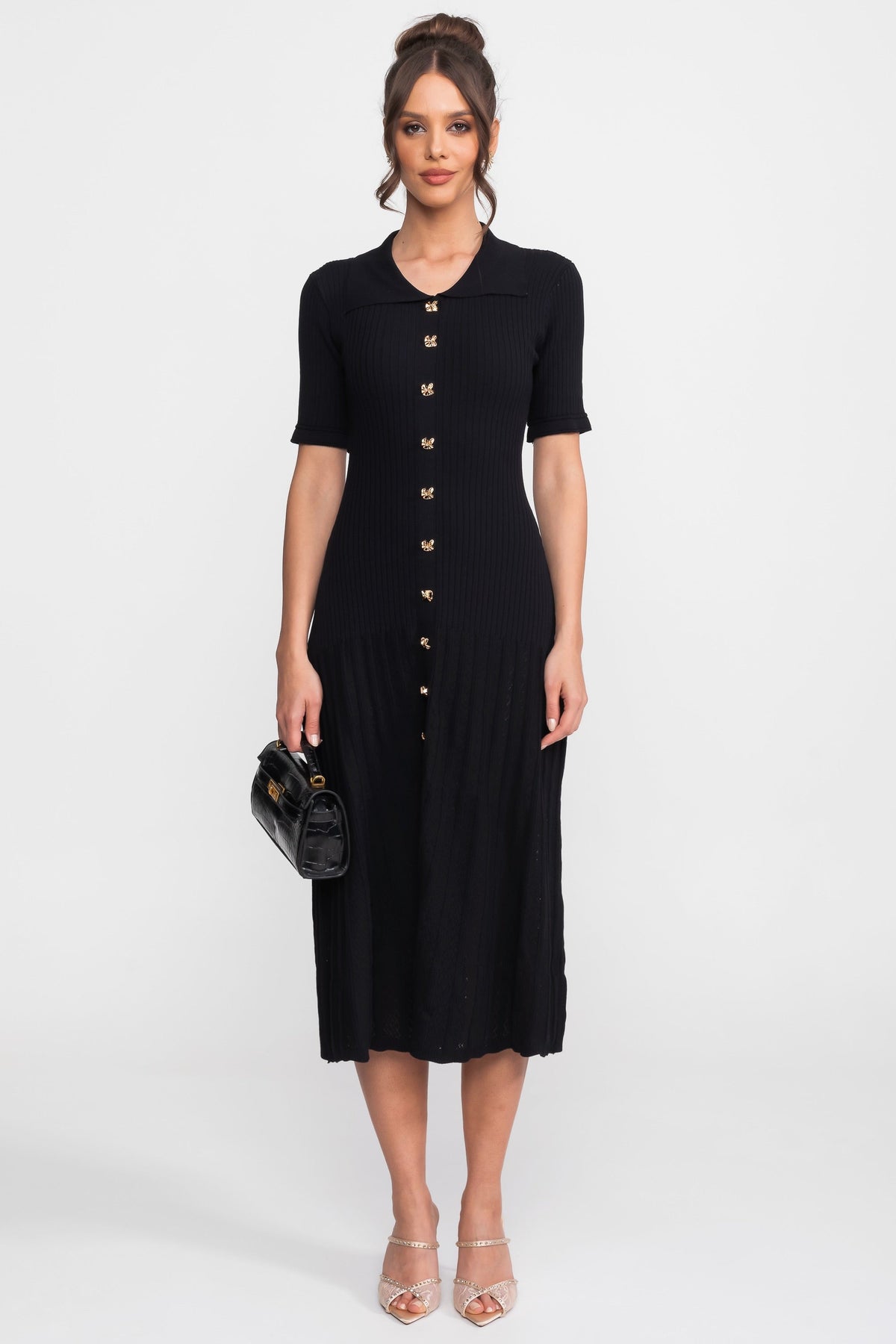 Ribbed Knit Midi Dress With Peter Pan Collar And Pleated Skirt - Black - View 2