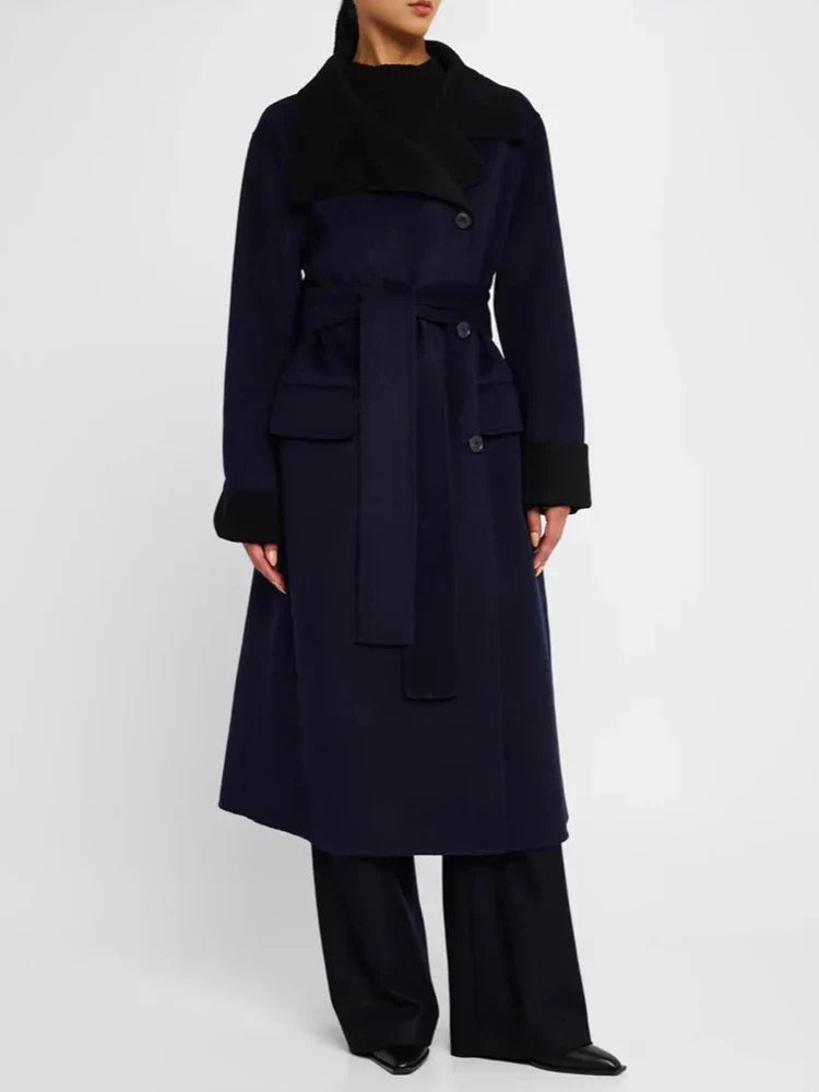 Color Lapel Slim Single-Breasted Overcoat Navy / S