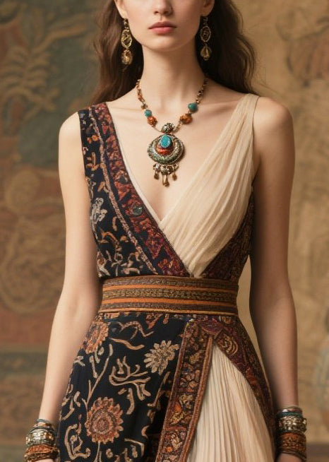 Ethnic Print Patchwork Deep V-Neck Pleated Chiffon Maxi Gown - View 2