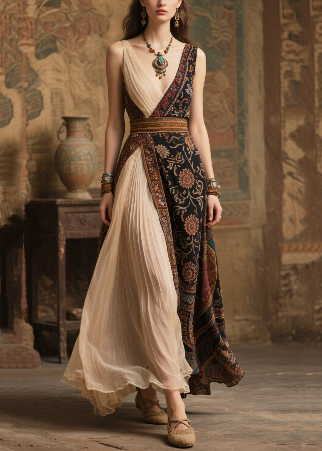 Ethnic Print Patchwork Deep V-Neck Pleated Chiffon Maxi Gown - View 3