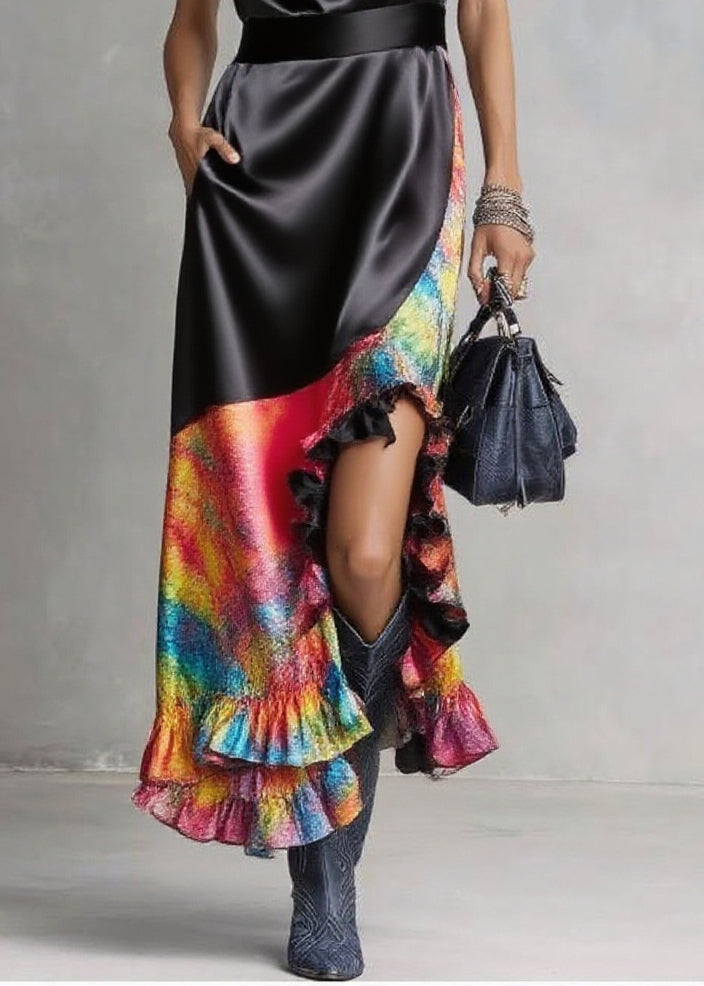 Cowl Neck Sleeveless Ruffle Hem Asymmetrical Satin Maxi Dress - View 4