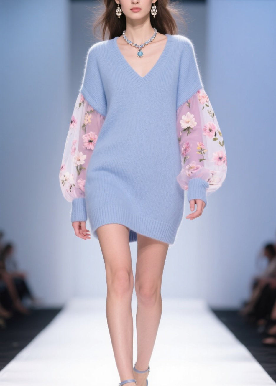 Tulle Floral Balloon Sleeve V-Neck Knit Patchwork Mini Dress - View 5