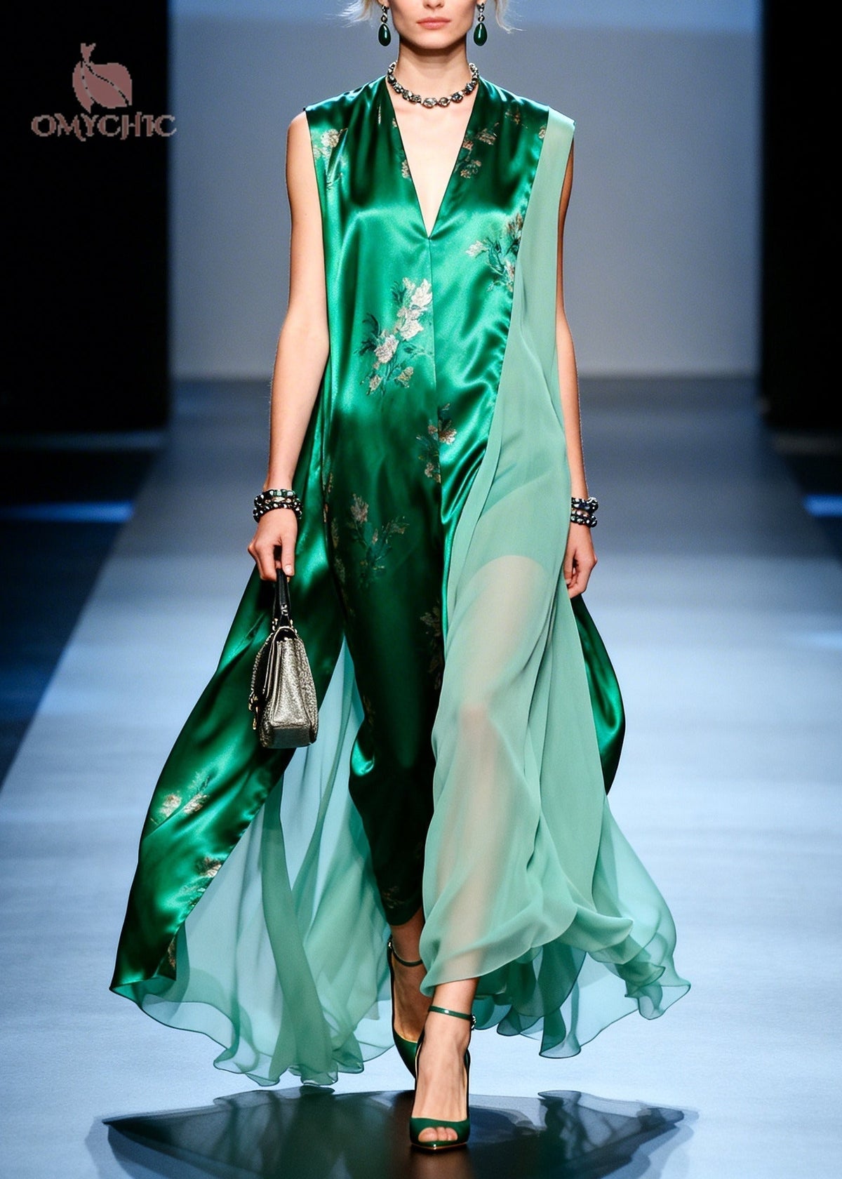 Floral Deep V-Neck Sleeveless Satin Chiffon Drape Maxi Dress - View 5