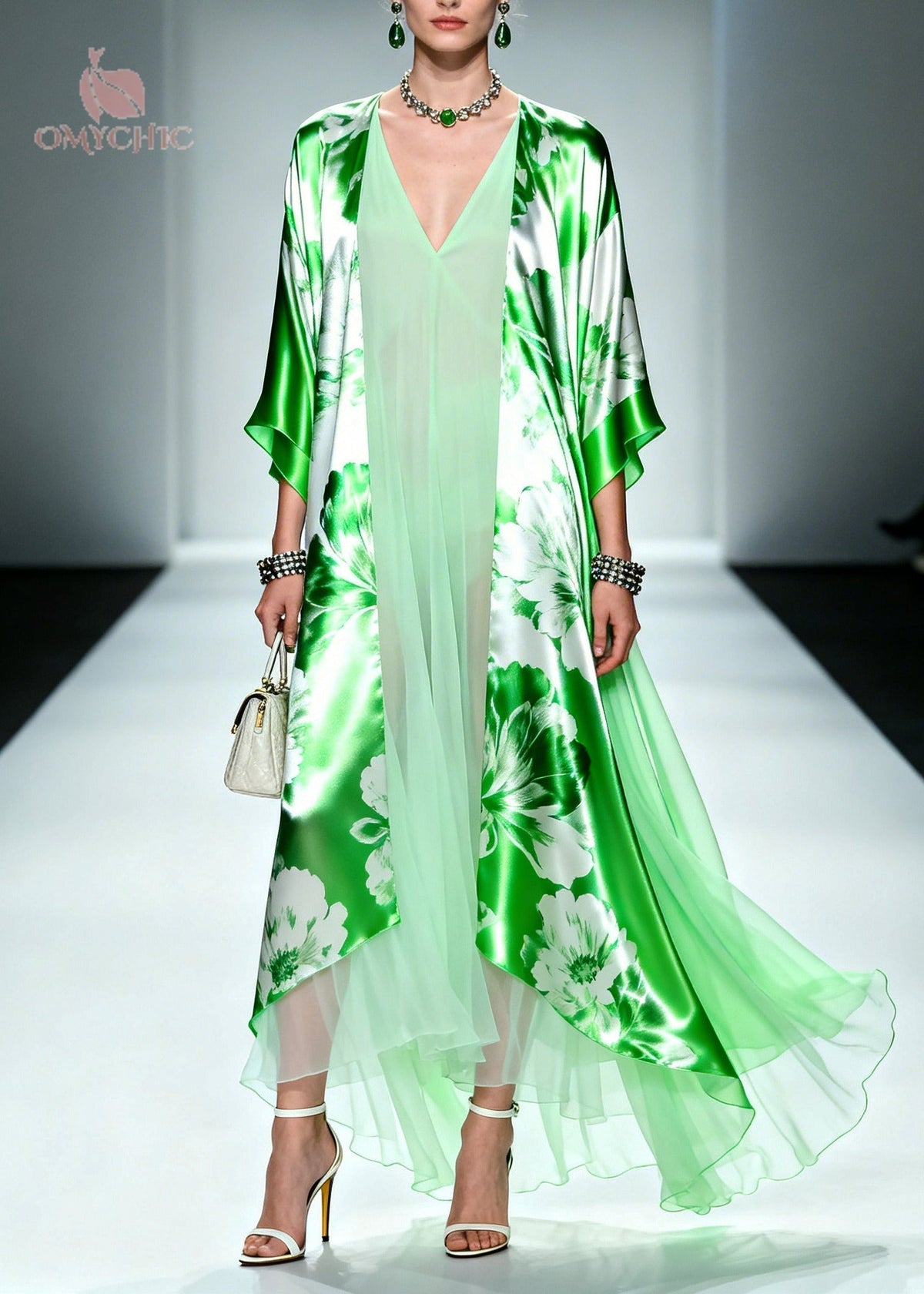 Faux Two-Piece Floral Print Open Front Sleeve Chiffon Maxi Dress - View 3