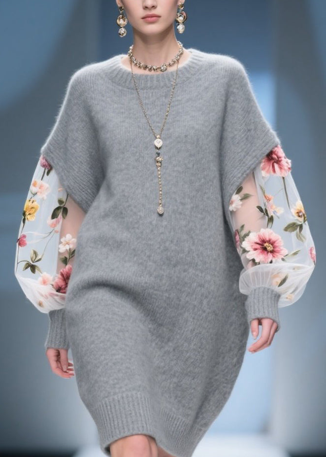 Knit Cap Shoulder Tulle Floral Embroidered Puff Sleeve Mini Dress - View 2