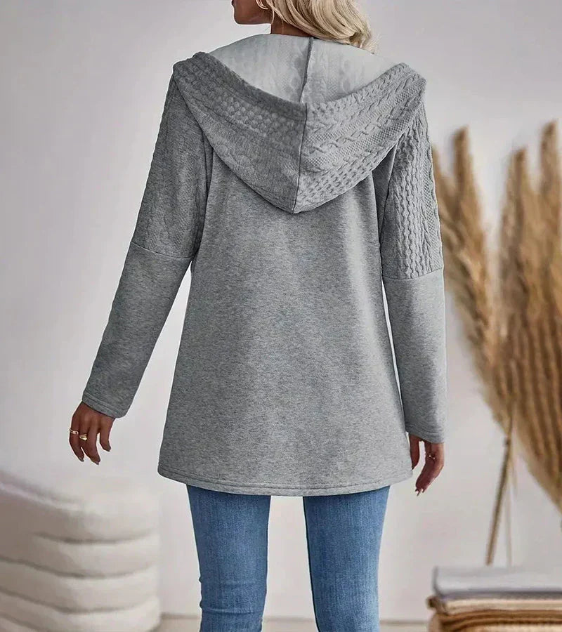 Hooded Cable Knit Panel Zip Front Longline Jacket 6