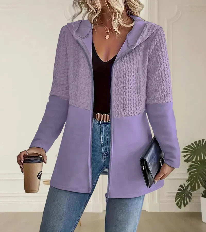 Hooded Cable Knit Panel Zip Front Longline Jacket 3