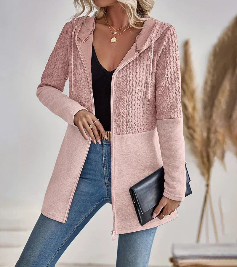 Hooded Cable Knit Panel Zip Front Longline Jacket 4