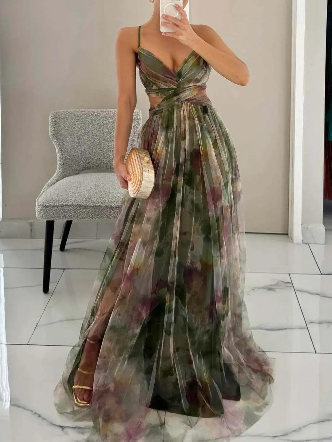 Floral Tulle V-Neck Cut Out Waist Maxi Dress Prom