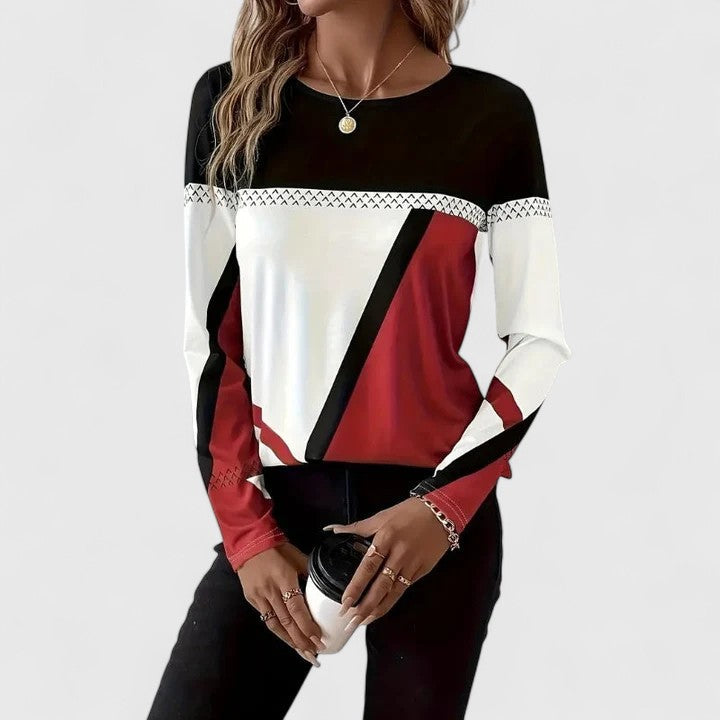 Contrast Panel Geometric Crew Neck Long Sleeve Top 2