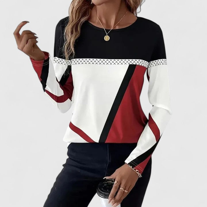 Contrast Panel Geometric Crew Neck Long Sleeve Top