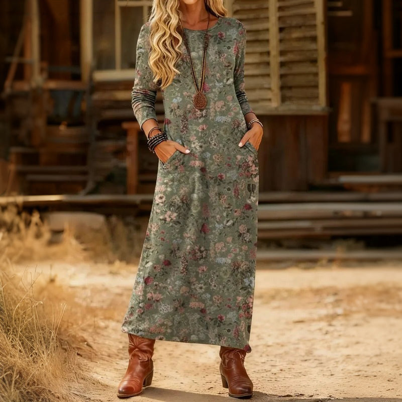 Floral Crew Neck Long Sleeve Pocket Maxi Dress