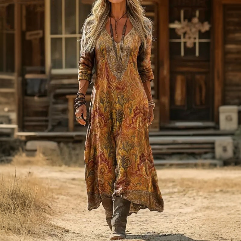 Paisley Print V-Neck Long Sleeve Boho Maxi Dress