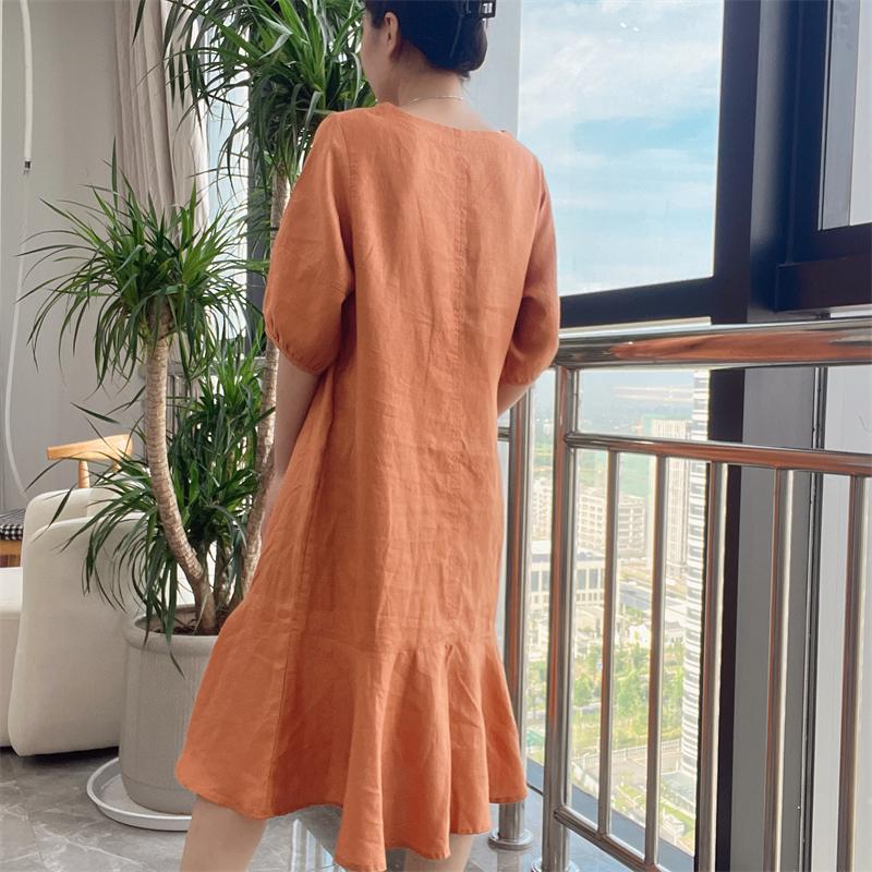 V-Neck Puff Sleeve Ruffle Hem Linen Midi Dress 2