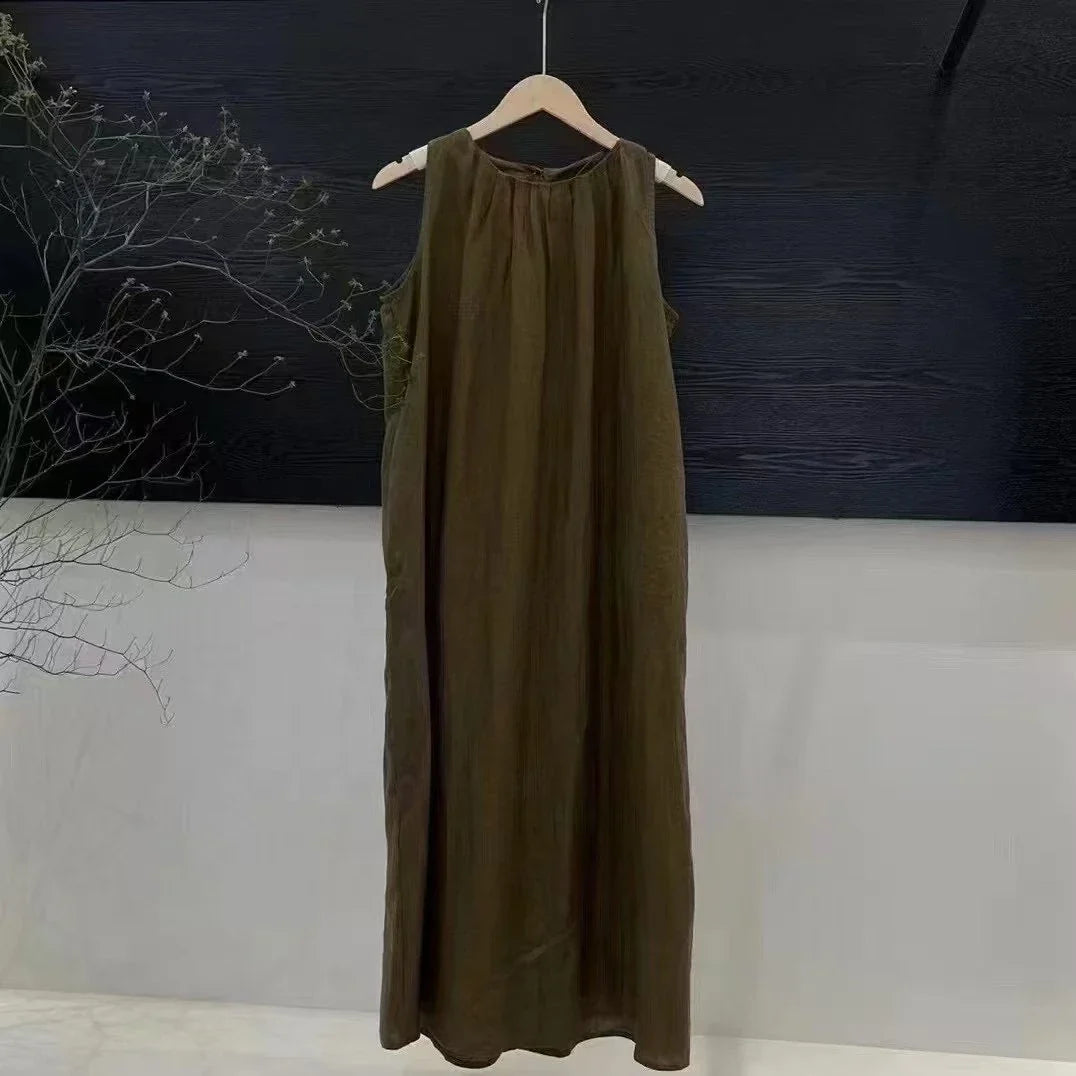 Round Neck Sleeveless Pleated Swing Maxi Dress Summer 7