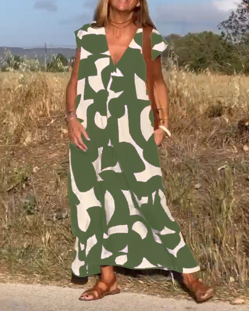 Abstract Print V-Neck Cap Sleeve Oversized Maxi Dress 10