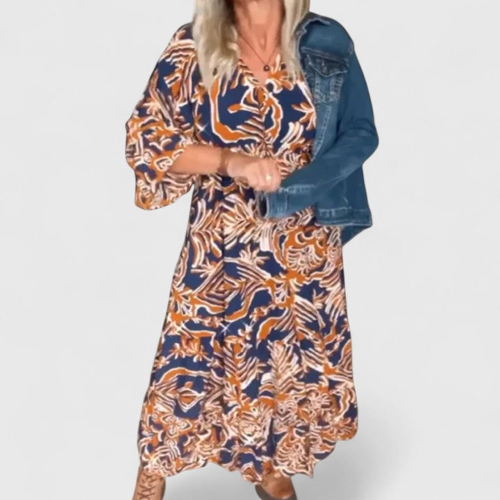 Abstract Floral Print Round Neck Three Quarter Sleeve Maxi Dress 5
