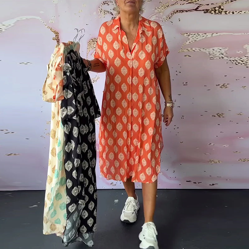 Geometric Print Short Sleeve Lapel Collar Midi Shirt Dress - View 10