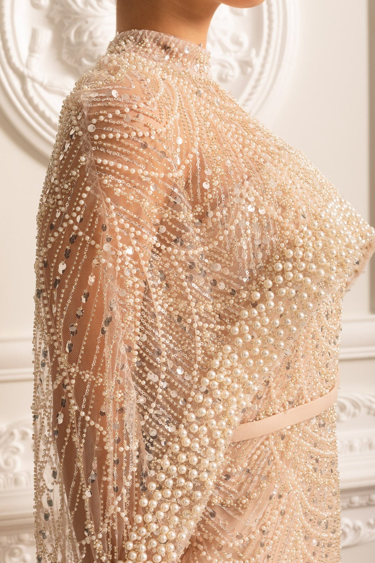Scalloped Pearl Trim Beaded Mesh Cape Overlay Column Maxi Gown - View 13
