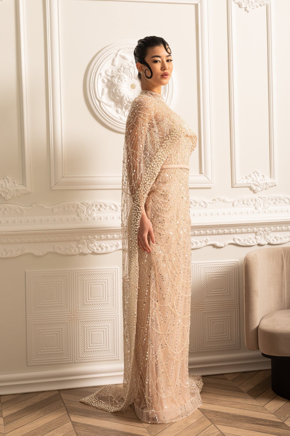 Scalloped Pearl Trim Beaded Mesh Cape Overlay Column Maxi Gown - View 14