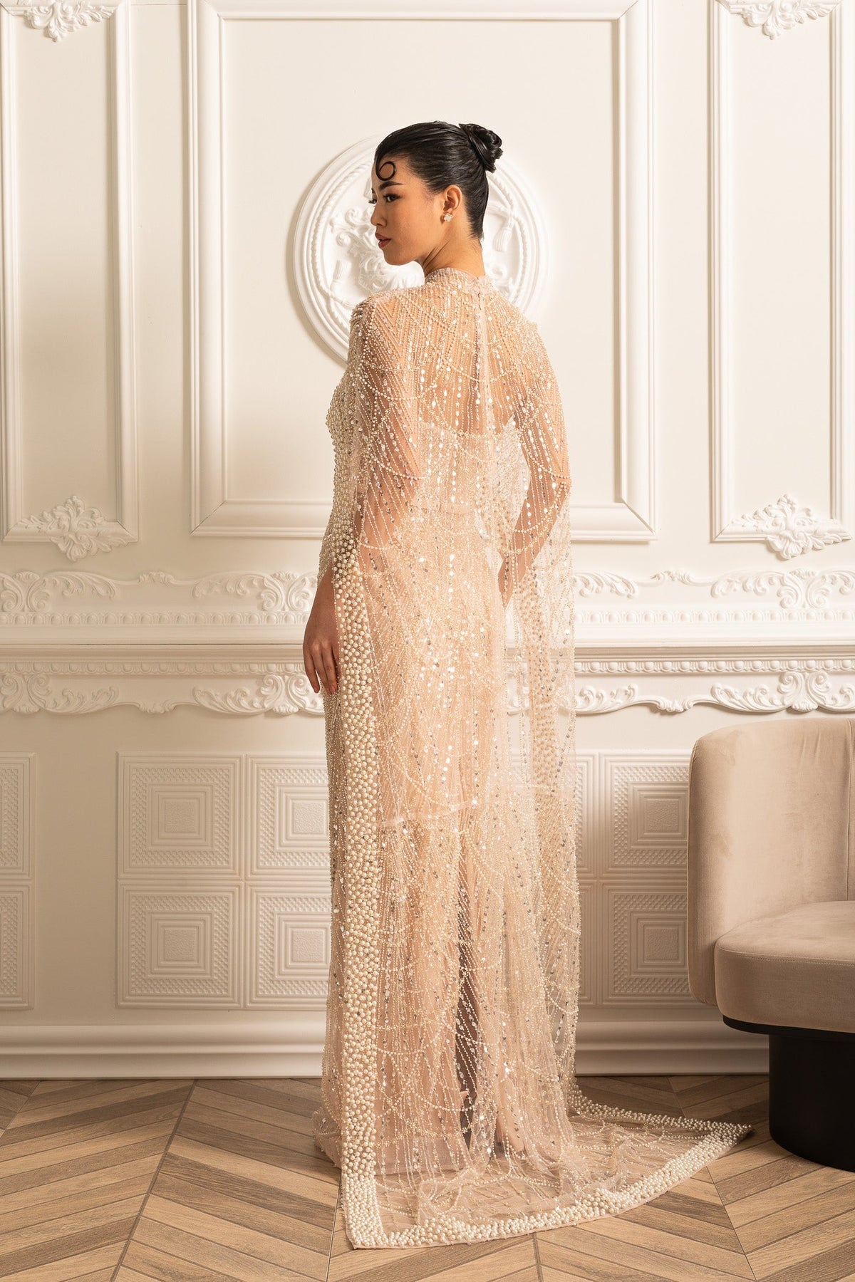 Scalloped Pearl Trim Beaded Mesh Cape Overlay Column Maxi Gown - View 3